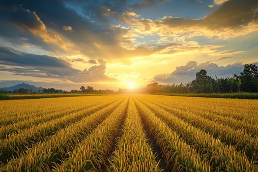 Landscape view of ripe rice field during sunrise. Sun rises over mountains in rice fields.