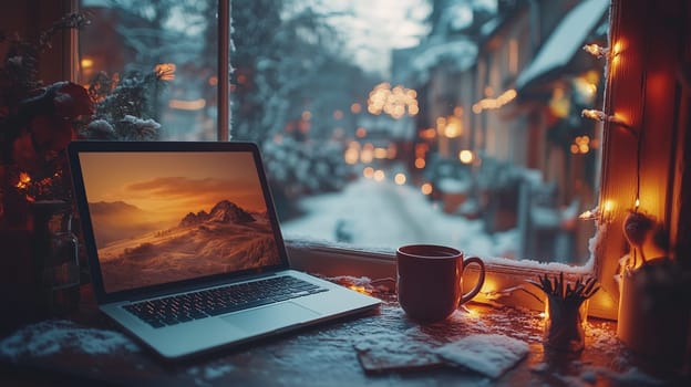 A cozy scene with a laptop displaying a mountain landscape, a mug, and snowy street view through a decorated window at dusk.