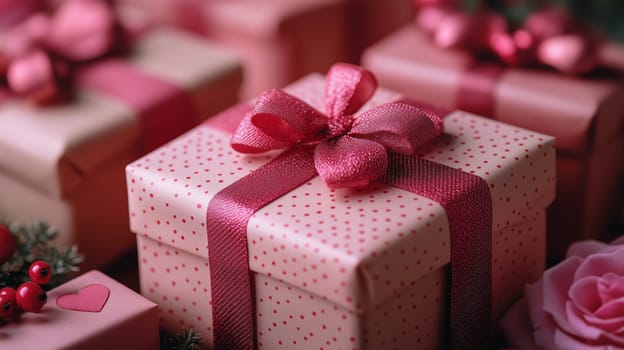 Close-up of a pink gift box with polka dot wrapping and a glittery ribbon, surrounded by festive decor and romantic accents, perfect for celebrations.