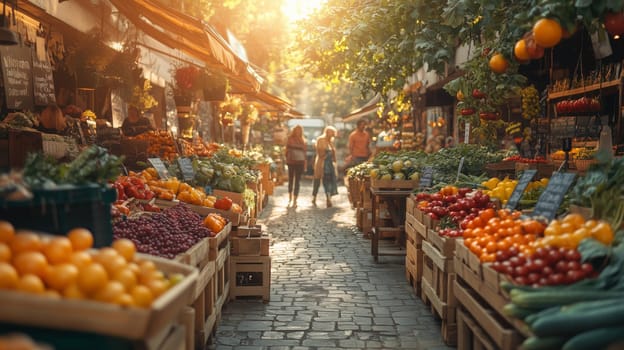 Outdoor farmers market featuring vibrant organic fruits and vegetables in wooden crates, with people shopping on a cobblestone path.