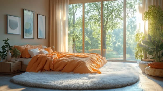 Cozy bedroom featuring orange bedding, large windows, fluffy white carpet, and a serene view of lush greenery with natural sunlight.