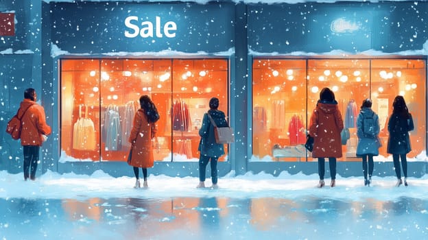 People in winter coats standing outside a brightly lit store with sale signs, surrounded by snow and reflections on the wet pavement.