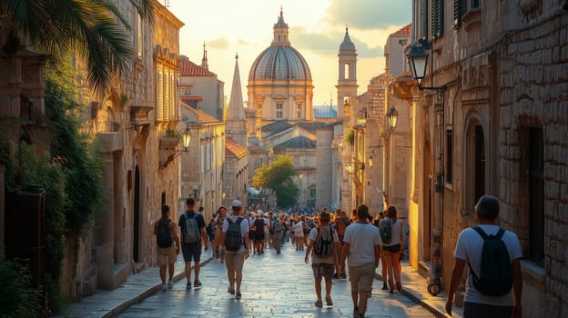 Crowds of tourists exploring a historic cobblestone street surrounded by stone buildings, leading to a grand cathedral under warm evening sunlight.