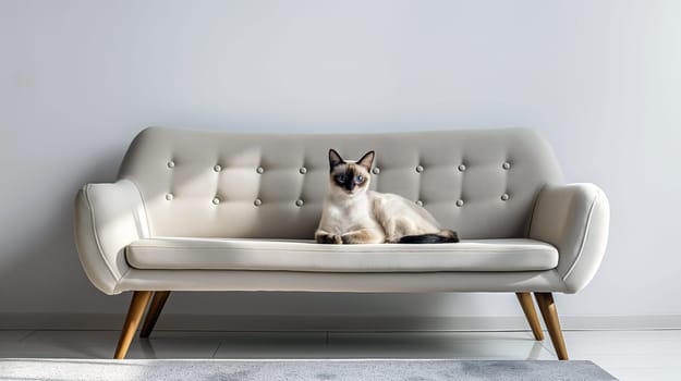 A relaxed Siamese cat rests comfortably on a stylish, light-colored couch, basking in the warm morning sunlight that fills the cozy living room - Generative AI
