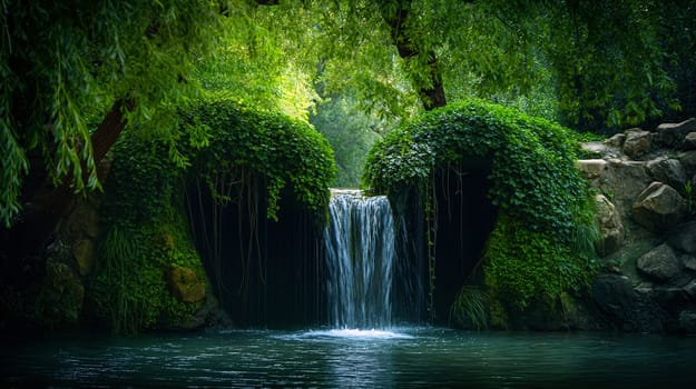 A tranquil waterfall pours into a calm pool, surrounded by vibrant green foliage, creating a serene atmosphere in a secluded forest area - Generative AI