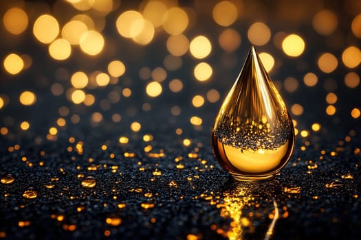 Golden drop on expensive luxury black and gold background. Premium cosmetics concept.