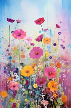 Brightly colored flowers bloom in various shades against a soft blue sky, showcasing a lively and cheerful garden atmosphere full of natural beauty - Generative AI