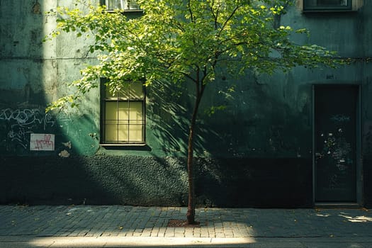Small green corner in the city. Photo of a city street with a tree near a green wall.