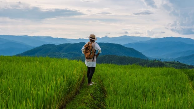 Terraced Rice Field in Chiangmai, Thailand, Pa Pong Piang rice terraces, green rice paddy fields during rain season. Asian woman walking hiking in the mountains