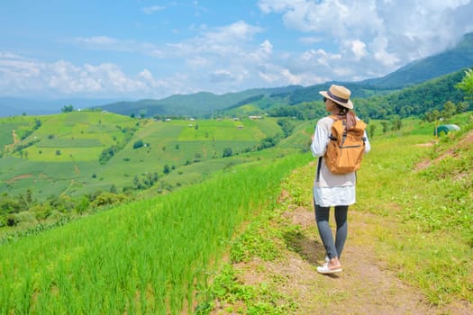 Terraced Rice Field in Chiangmai, Thailand, Pa Pong Piang rice terraces, green rice paddy fields during rain season. Asian woman walking hiking in the mountains