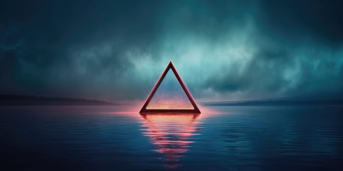 A triangle shaped empty frame neon cloud on water, in the style of vintage aesthetics. Generative AI image weber.