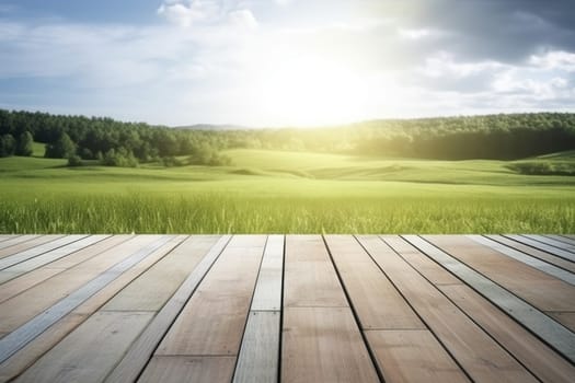 Wooden deck with green grass near landscape with sky background. Generative AI image weber.