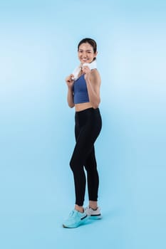 Full body asian woman in sportswear portrait, smiling and posing cheerful gesture. Workout training with attractive girl engage in her pursuit of healthy lifestyle. Isolated background Vigorous