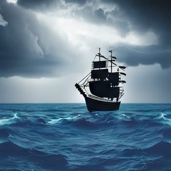 Pirate in ship which is sailing in dark sea sky is dark blue and clouds and thunderstorms coming in far waves are big detailed picture