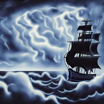 Pirate in ship which is sailing in dark sea sky is dark blue and clouds and thunderstorms coming in far waves are big detailed picture