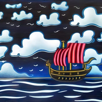 Pirate in ship which is sailing in dark sea sky is dark blue and clouds and thunderstorms coming in far waves are big detailed picture