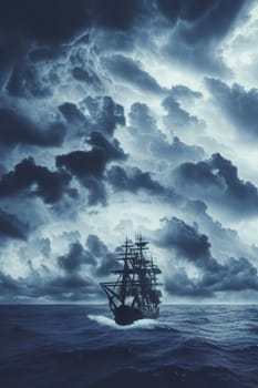 Pirate in ship which is sailing in dark sea sky is dark blue and clouds and thunderstorms coming in far waves are big detailed picture