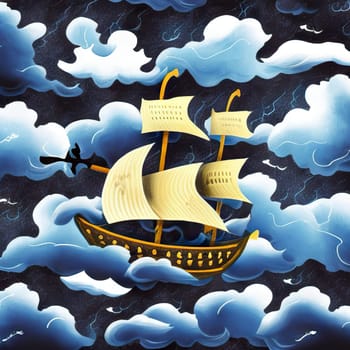 Pirate in a ship which is sailing in dark sea sky is dark blue and clouds and thunderstorms coming in far waves are big detailed picture
