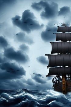 Pirate in ship which is sailing in dark sea sky is dark blue and clouds and thunderstorms coming in far waves are big detailed picture