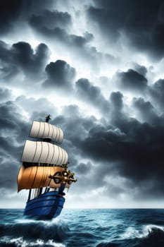 Pirate in ship which is sailing in dark sea sky is dark blue and clouds and thunderstorms coming in far waves are big detailed picture