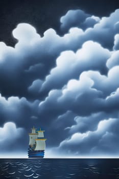 Pirate in ship which is sailing in dark sea sky is dark blue and clouds and thunderstorms coming in far waves are big detailed picture