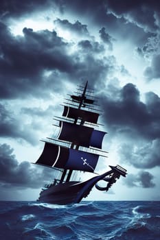 Pirate in ship which is sailing in dark sea sky is dark blue and clouds and thunderstorms coming in far waves are big detailed picture