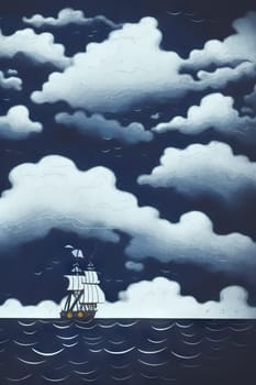 Pirate in ship which is sailing in dark sea sky is dark blue and clouds and thunderstorms coming in far waves are big detailed picture