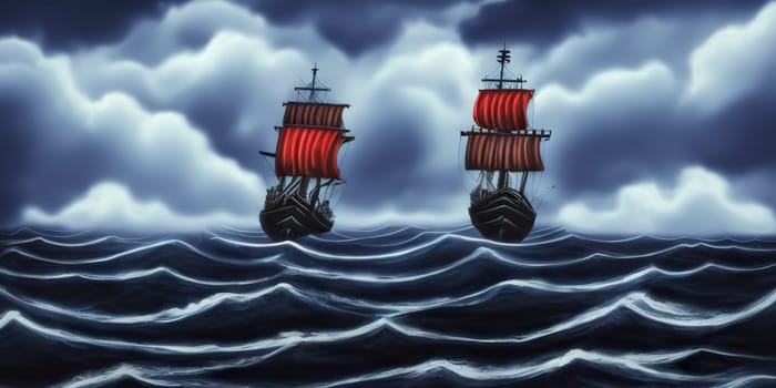 Pirate in ship which is sailing in dark sea sky is dark blue and clouds and thunderstorms coming in far waves are big detailed picture