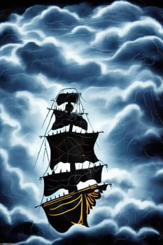 Pirate in ship which is sailing in dark sea sky is dark blue and clouds and thunderstorms coming in far waves are big detailed picture