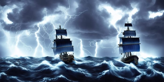 Pirate in ship which is sailing in dark sea sky is dark blue and clouds and thunderstorms coming in far waves are big detailed picture