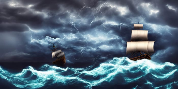 Pirate in ship which is sailing in dark sea sky is dark blue and clouds and thunderstorms coming in far waves are big detailed picture