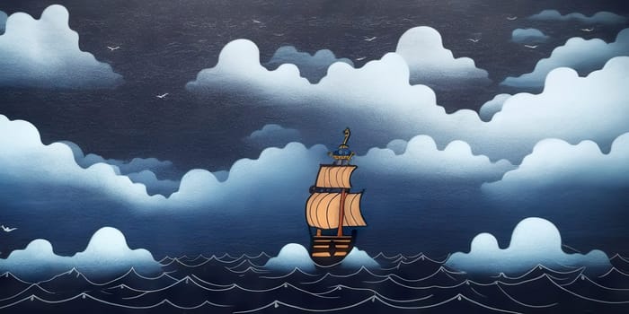 Pirate in ship which is sailing in dark sea sky is dark blue and clouds and thunderstorms coming in far waves are big detailed picture