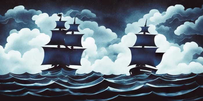 Pirate in ship which is sailing in dark sea sky is dark blue and clouds and thunderstorms coming in far waves are big detailed picture