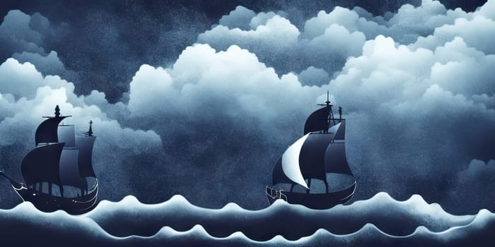 Pirate in ship which is sailing in dark sea sky is dark blue and clouds and thunderstorms coming in far waves are big detailed picture