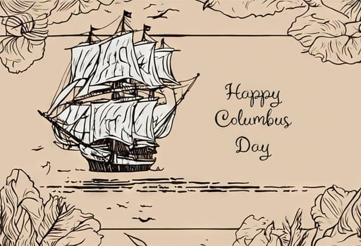 Happy Columbus Day banner with ship, illustration.