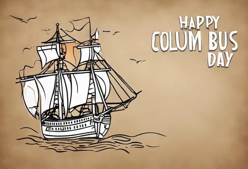 Happy Columbus Day banner with ship, illustration.