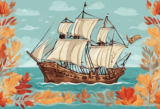 Happy Columbus Day banner with ship, illustration.