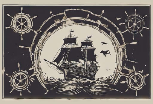 HAPPY COLUMBUS DAY Greeting card. Caravel on with waves flags in image