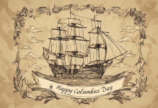 Happy Columbus Day banner with ship, illustration.