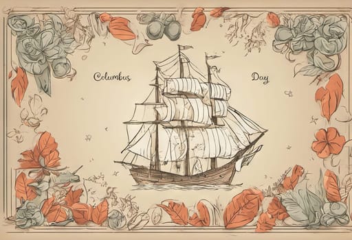 Happy Columbus Day banner with ship, illustration.