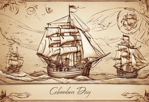 Happy Columbus Day banner with ship, illustration.