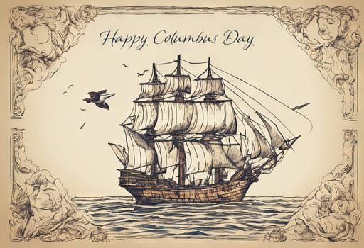 HAPPY COLUMBUS DAY Greeting card. Caravel on with waves flags in image