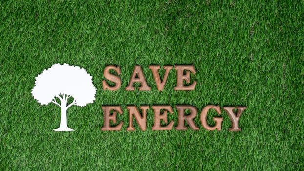 Eco awareness campaign message on grass background striving to conserve energy consumption to reduce CO2 emission with commitment to solve global warming for sustainable and greener environment. Gyre