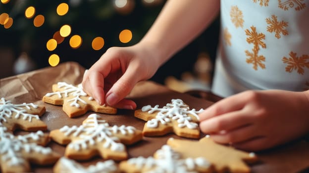 Children's hands decorate Christmas cookies. Merry Christmas and Happy New Year concept