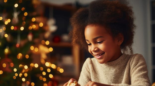 Smiling black child decorating Christmas cookies. Merry Christmas and Happy New Year concept.