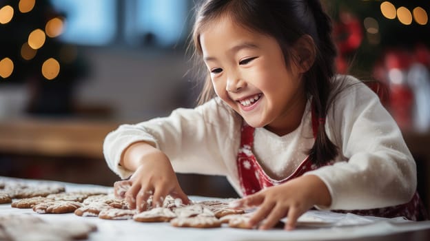 Smiling Asian child decorating Christmas cookies. Merry Christmas and Happy New Year concept.