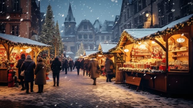 Charming Christmas market in the evening with lights. Merry Christmas and Happy New Year concept