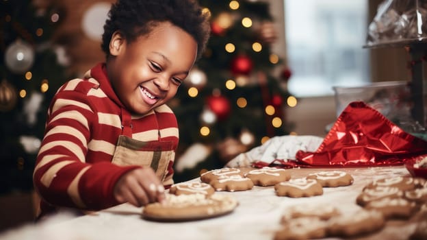 Smiling African American child with Down syndrome decorates Christmas cookies. Merry Christmas and Happy New Year concept