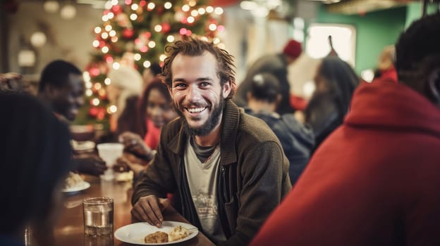 A positive homeless man sits at a table in a noisy homeless shelter cafeteria, surrounded by other people. Christmas concept.
