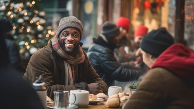 Positive black homeless African American man sitting at a table in a noisy homeless shelter cafeteria, surrounded by other people. Christmas concept